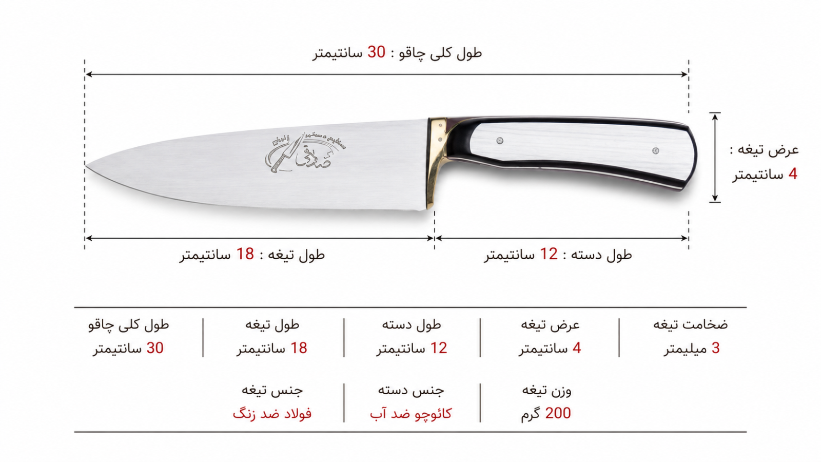 سایز  و  اطلاعات کارد قصابی